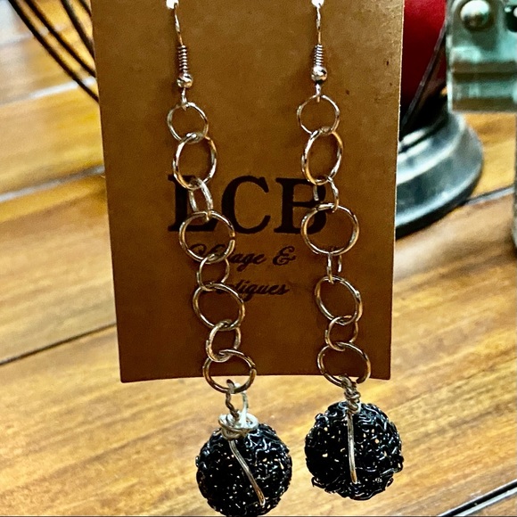 Black Woven Chain Link Ball Extra Long Bohemian Boho Gypsy Drop Earrings - Picture 2 of 9